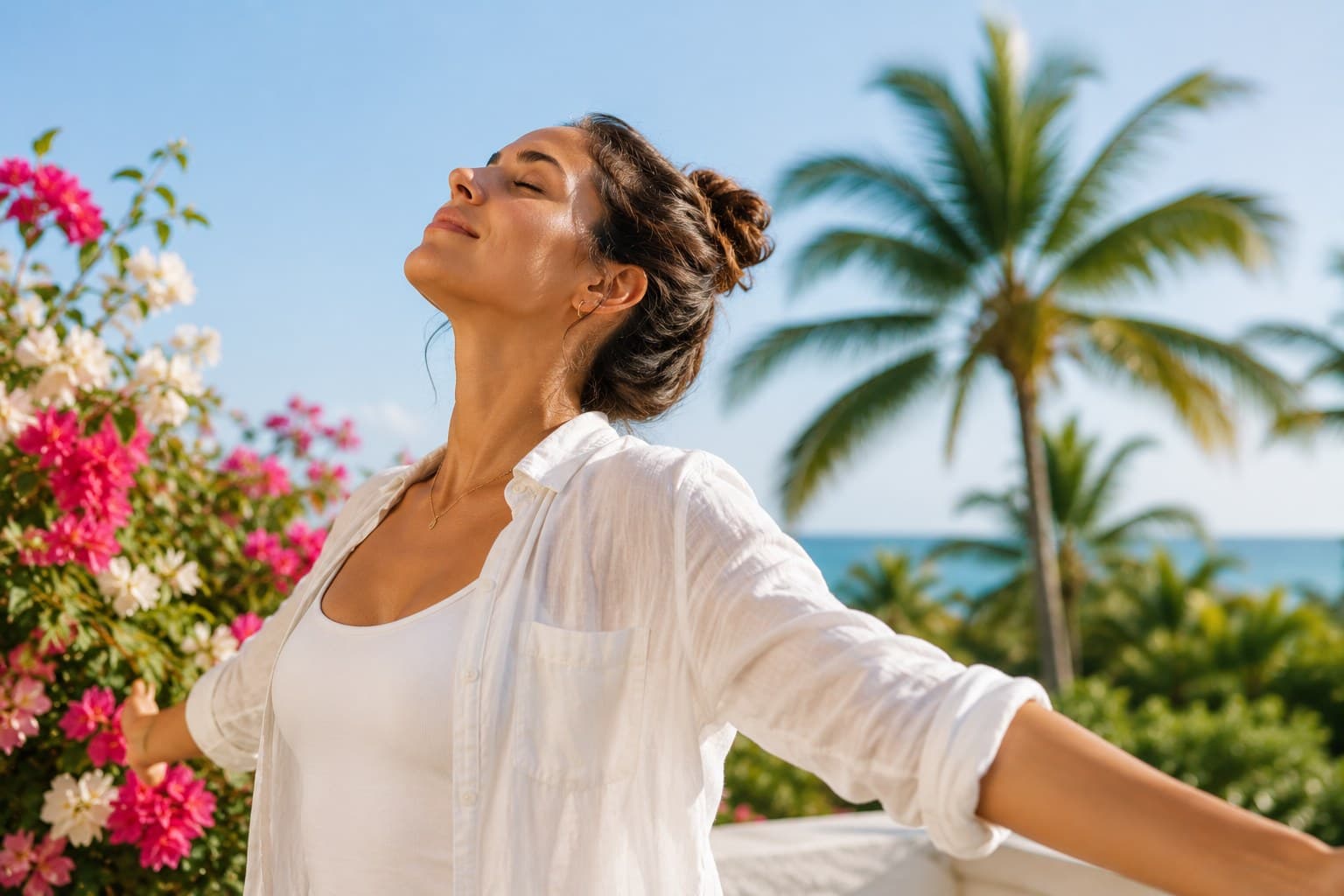 Woman breathing outdoors near flowers and palm trees