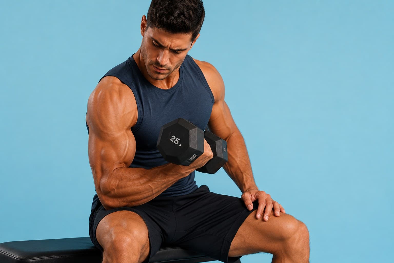 Athletic man lifting a dumbbell on a blue background