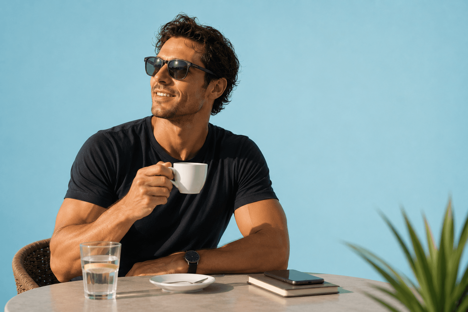 Man with sunglasses drinking coffee beside a glass of water