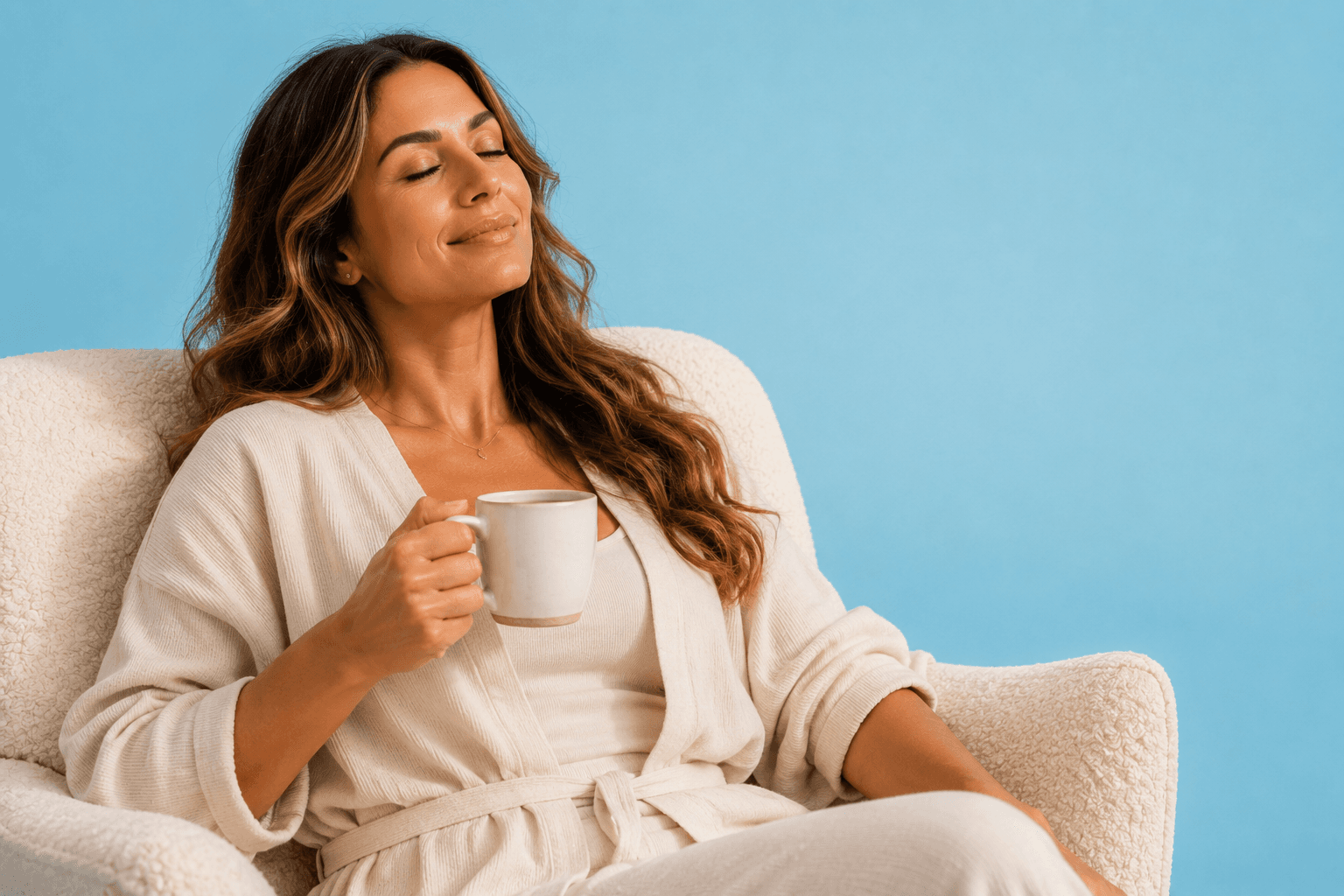 Woman resting in a robe with a warm drink